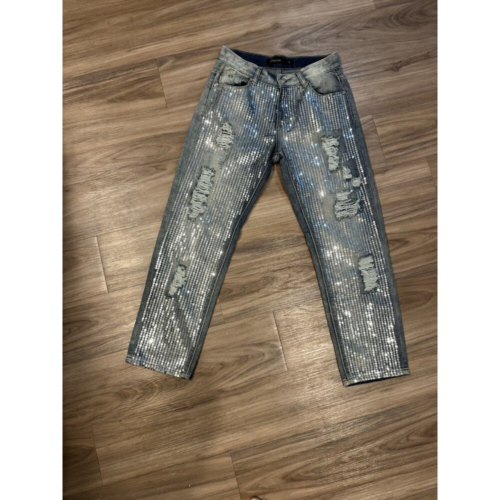 Sparkle Jeans Women's Size 3 Distressed Blue Denim Silver Sequins Ripped Glam